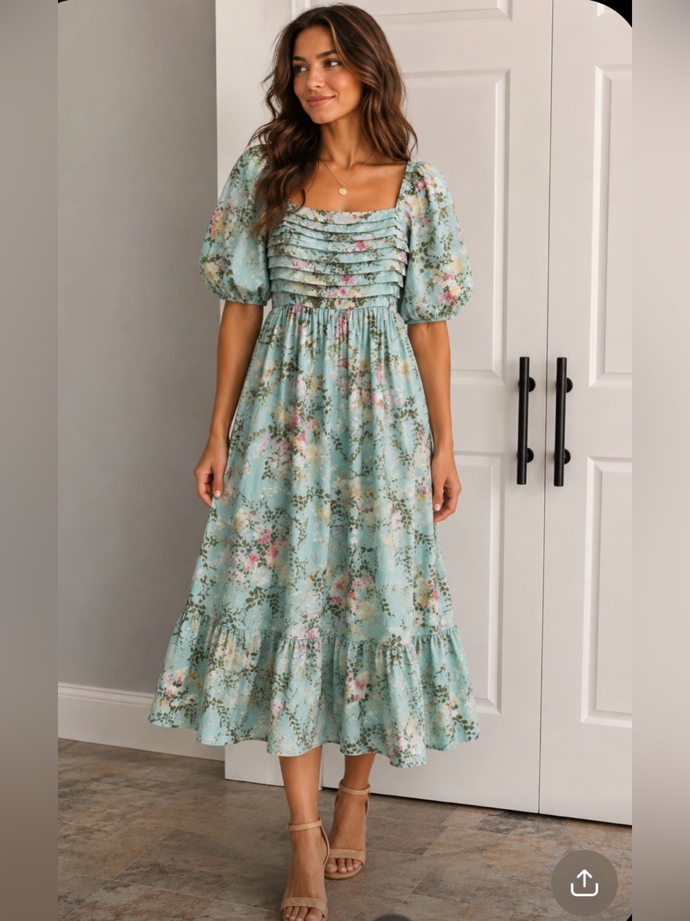 Women's‎ Mint Floral Puff-Sleeve Midi Dress